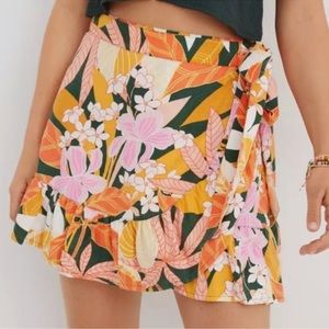 Aerie Size L Pink & Yellow Floral Wrap Mini Skirt with Ruffle Hem
